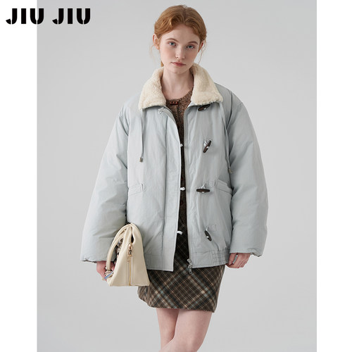 12.26上新美式复古毛领拼接牛角扣羽绒服女冬90白鸭绒面包服外套