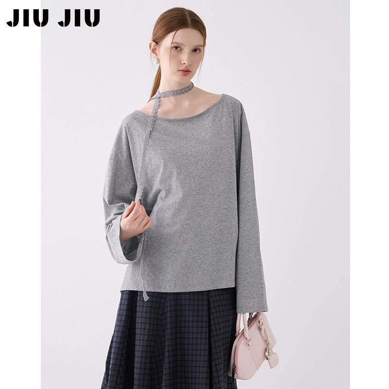 JIUJIU慵懒风复古蕾丝系带T恤女长袖秋2025新款设计感宽松打底衫
