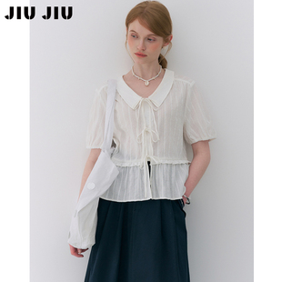 JIUJIU甜美娃娃领木耳边白色衬衫 2026新款 短款 气质衬衣上衣 女夏季