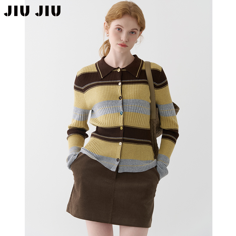 JIUJIU美式复古撞色条纹针织衫女秋冬2025新款修身打底毛衣上衣