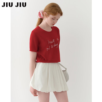 JIUJIU凉感透气字母红色针织衫女短袖夏季2025新款设计感小众上衣