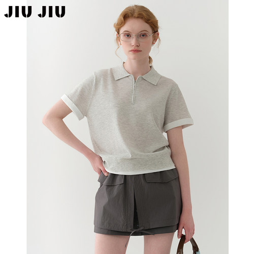 JIUJIU撞色miu系polo领灰色针织衫女短袖夏季2026新款设计感上衣