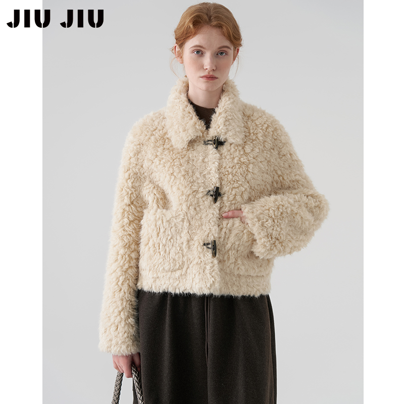 JIUJIU牛角扣圈圈毛仿麂皮绒外套女冬季高级感短款皮毛一体上衣