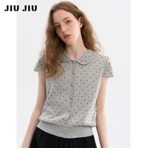 JIUJIU法式复古波点娃娃领薄款透气显瘦小个子通勤百搭减龄针织衫