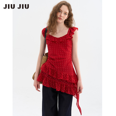 JIUJIU法式复古波点女夏季方领荷叶边收腰褶皱不规则下摆度假衬衫
