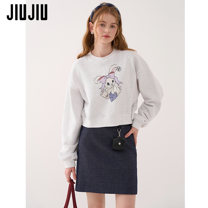 JIUJIU美式复古卡通印花卫衣女秋季2025新款短款休闲宽松套头上衣