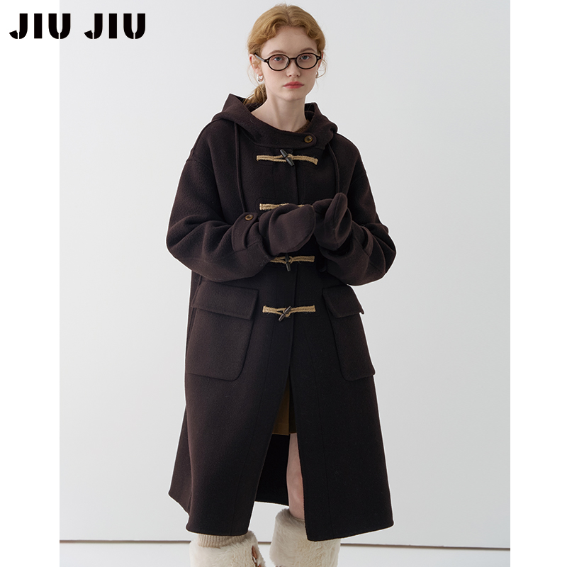 JIUJIU复古牛角扣双面呢子大衣女冬季新款高品质手套羊毛毛呢外套