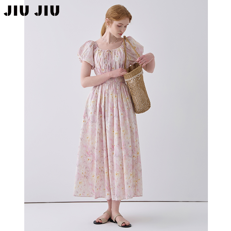 JIUJIU法式度假风粉色碎花连衣裙女夏季2025新款气质显瘦收腰长裙