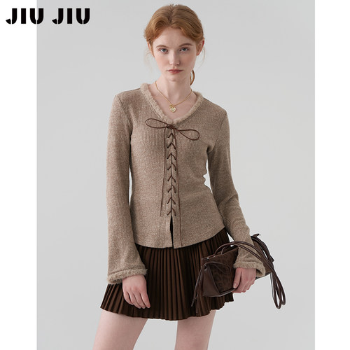 JIUJIU设计感毛毛领系带喇叭袖打底衫女秋冬显瘦小个子V领上衣
