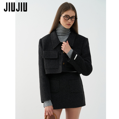 JIUJIU财阀千金加厚毛呢套装女冬季新款羊毛外套短款半身裙两件套