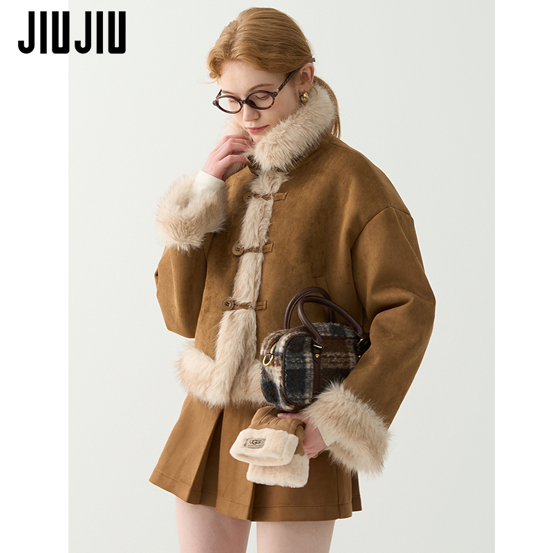 JIUJIU复古麂皮绒外套女冬季2025新款加厚保暖短款皮毛一体上衣