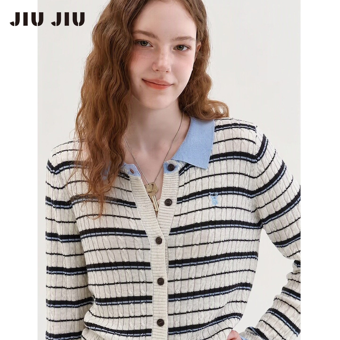 JIUJIU复古miu系学院风撞色条纹针织衫女长袖秋季刺绣毛衣上衣