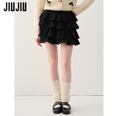 JIUJIU复古黑色芭蕾风蓬蓬蛋糕裙2025秋季新款显瘦高腰半身裙短裙