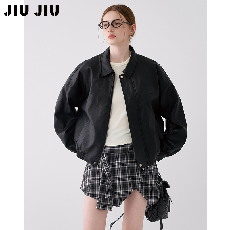 JIUJIU时髦酷飒风立体廓形感黑色皮衣外套女秋季做旧机车夹克上衣