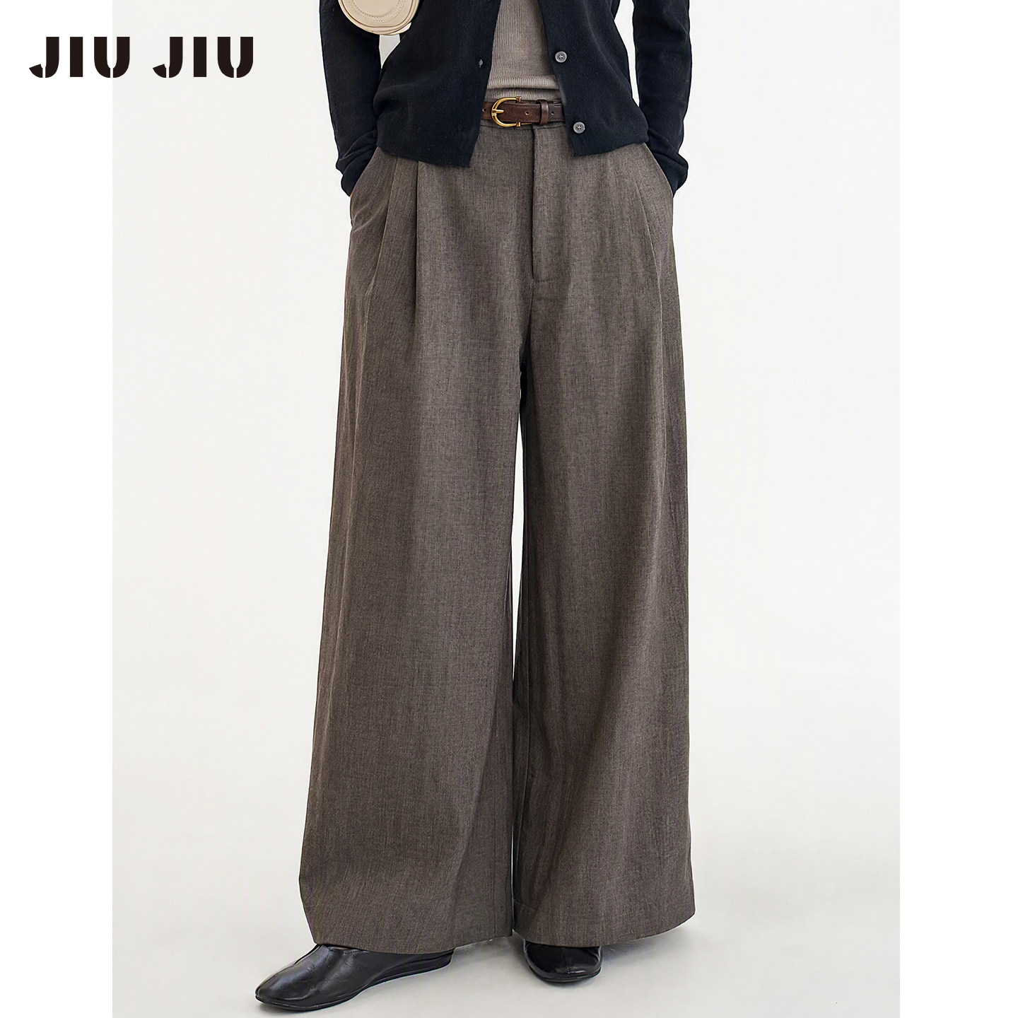 JIUJIU羊毛混纺麻棕色休闲裤女宽松冬季2026新款显瘦宽松阔腿裤