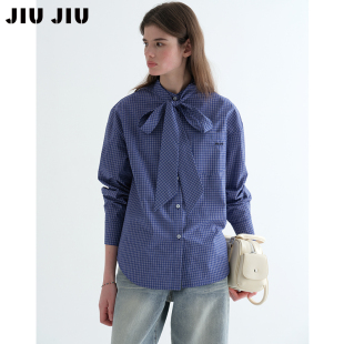 蝴蝶结飘带设计感衬衣 春季 JIUJIU复古学院风miu系格纹衬衫 女长袖