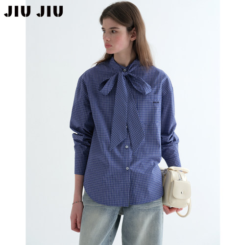 JIUJIU复古学院风miu系格纹衬衫女长袖春季蝴蝶结飘带设计感衬衣