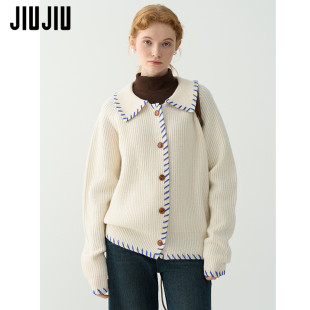 女2025秋冬新款 JIUJIU翻领白色针织开衫 慵懒风宽松加厚毛衣外套