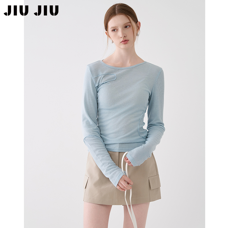 JIUJIU设计感小众贴布蓝色T恤女长袖秋2025新款弹力修身打底衫