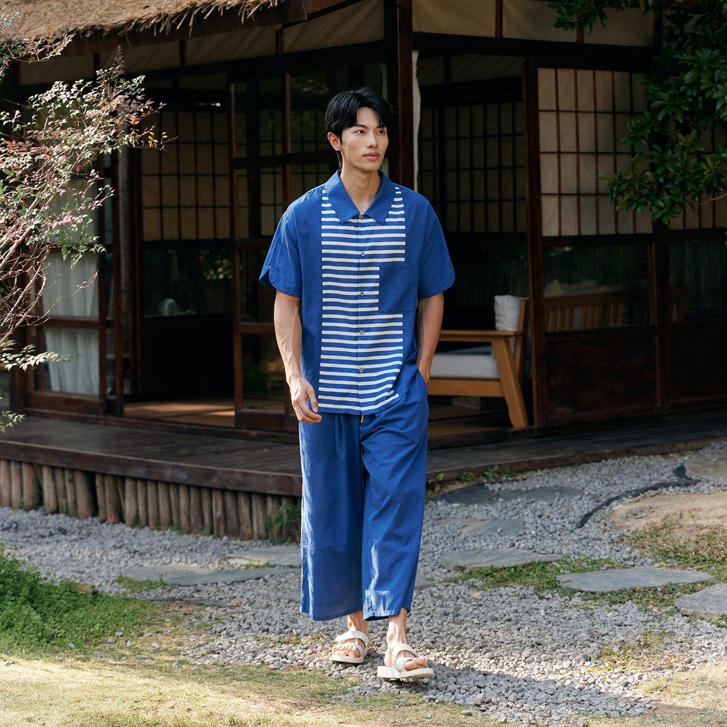100%棉26新款海军风梭织棉短袖九分裤男士睡衣家居服套装朵朵可可