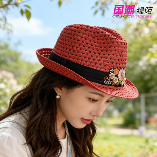 民族风刺绣礼帽爵士帽女