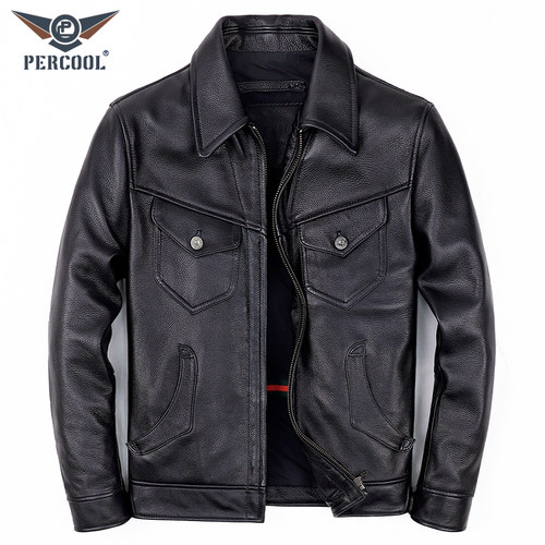 PERCOOL多口袋翻领男士真皮皮衣