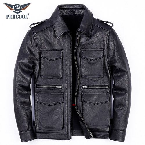 PERCOOL纯牛皮工装军旅真皮皮衣