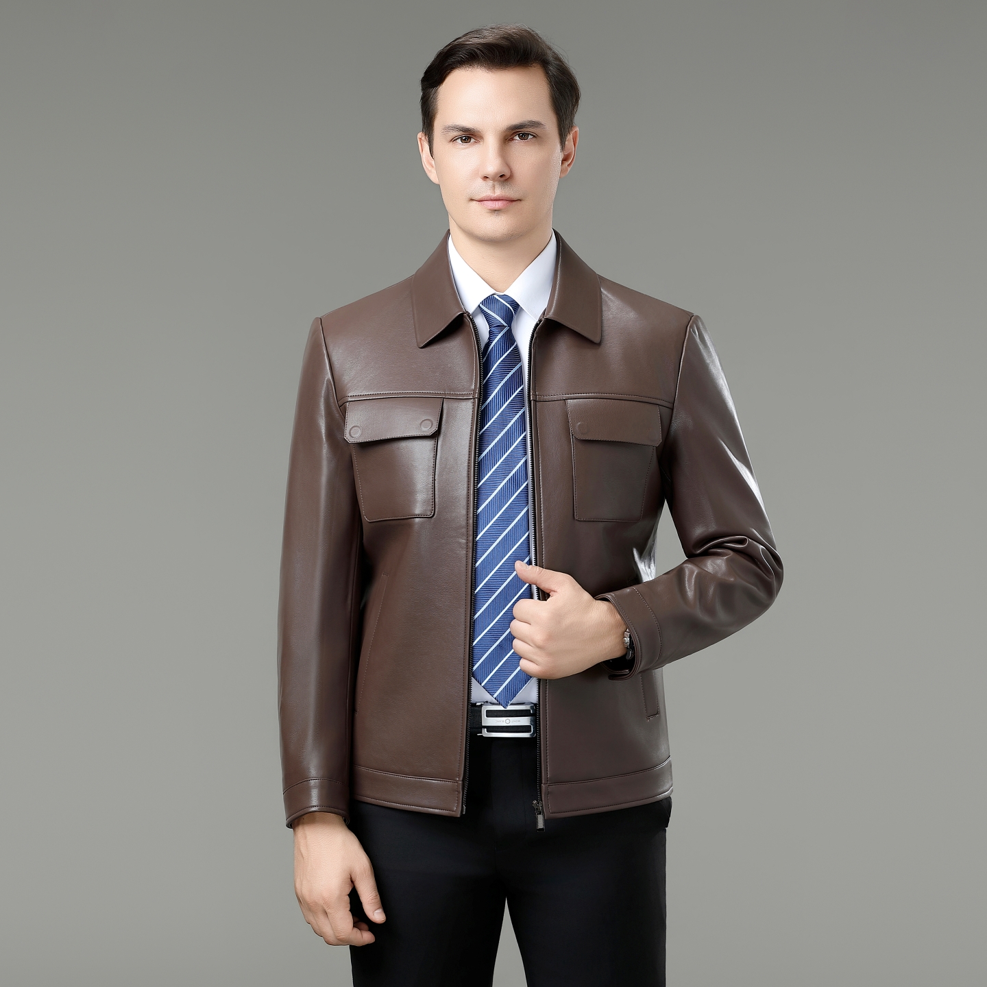 海宁真皮皮衣男士秋冬季加绒绵羊皮夹克中年爸爸装男款休闲皮外套