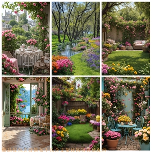 莫奈花园写真背景布森系精灵法式少女摄影背景墙布直播造景挂布