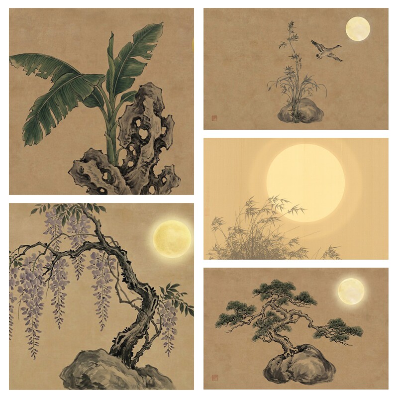 新中式水墨花鸟摄影背景布古风