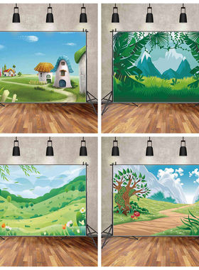 绿色森林草地卡通场景背景布城堡幼儿园活动派对故事表演背景墙布