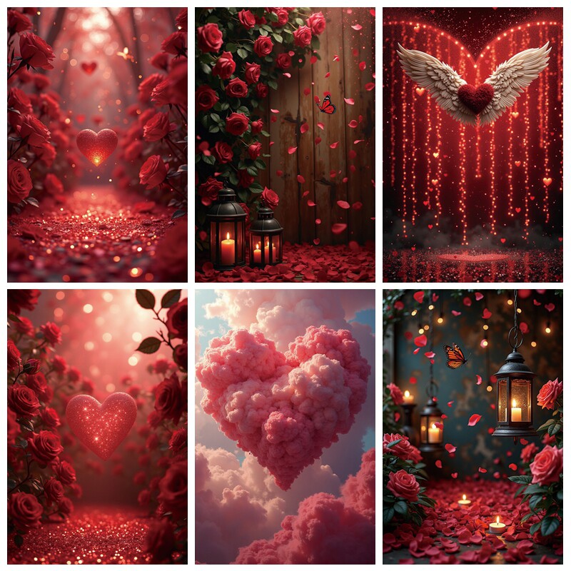 红色爱心人像写真背景布温馨直播