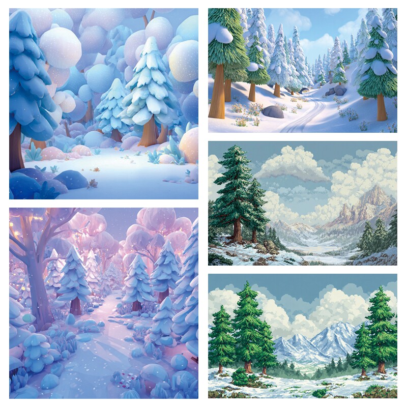 卡通动画风雪地森林背景布熊出没