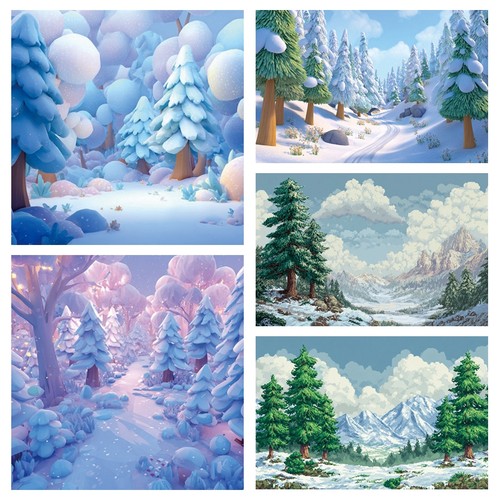 卡通动画风雪地森林背景布熊出没