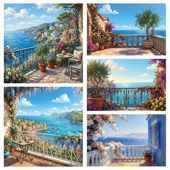 油画风风景背景布蓝色海边风景墙上装 墙布卡通卧室美丽风景 饰数码