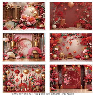 红色红梅灯笼过年氛围感背景布影楼全家福摄影数码墙布直播间挂布
