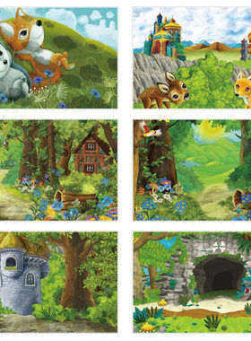 卡通绿色森林城堡背景布儿童房间装饰小动物挂布学校表演数码挂布