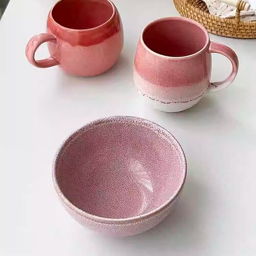 外贸原单复古粉色渐变重工窑变陶瓷大肚杯高颜值喝水杯子球形杯碗