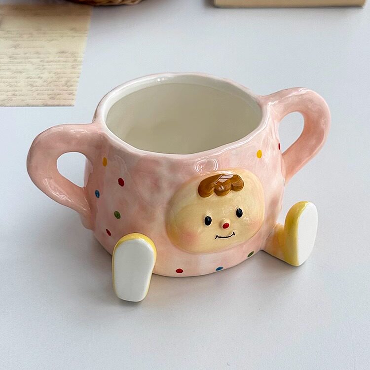 卡通屁桃小妹双耳早餐燕麦酸奶碗儿童可爱好看米饭碗汤碗陶瓷餐具