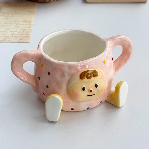 卡通屁桃小妹双耳早餐燕麦酸奶碗儿童可爱好看米饭碗汤碗陶瓷餐具