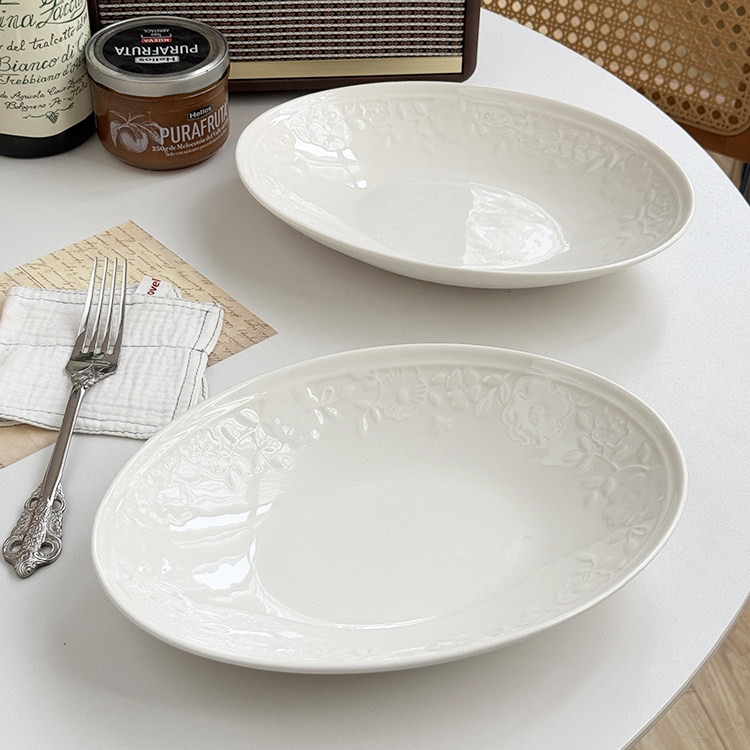 法式浮雕花卉椭圆盘田园风小清新水果盘釉下彩简约朴素鱼盘菜盘