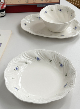 法式田园风浮雕餐具温柔复古蓝紫色小碎花陶瓷碗盘沙拉盘饭碗