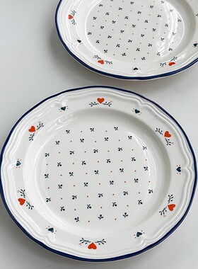 简约浮雕边蓝色小碎花甜品盘餐厅高颜值精致蛋糕西餐牛排盘菜盘