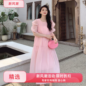 新款现货 2024夏季 粉色泡泡袖网纱法式收腰连衣裙A188 P95 K148