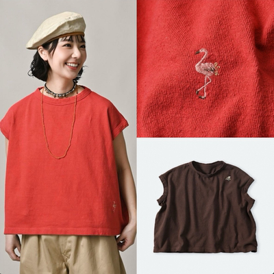 日系新品下摆刺绣图案落肩短袖竹节棉T恤百搭上衣女45