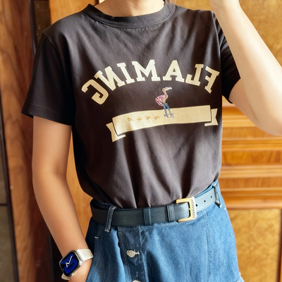 日系新品刺绣丹顶鹤字母印花靛蓝竹节棉短袖T恤百搭男女上衣45