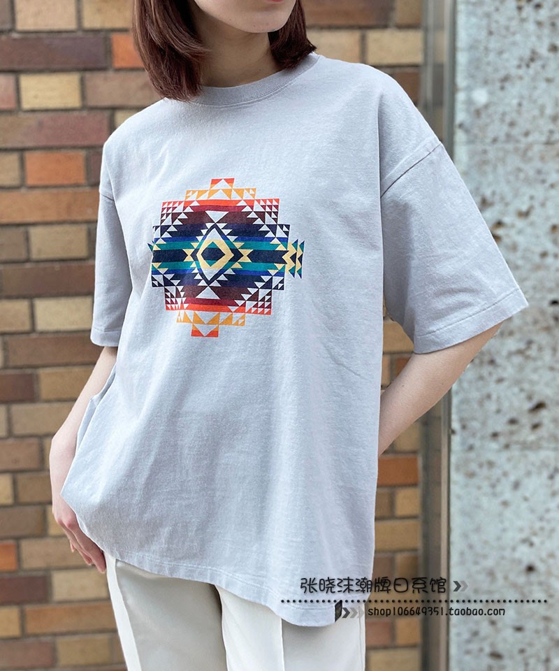 张晓沫日系23夏森女前几何图案后字母印花纯棉宽松短袖T恤男女