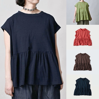 日系新品下摆荷叶褶皱竹节棉短袖T恤百搭舒适上衣45