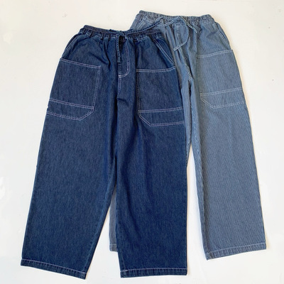 日系25秋冬新品danton竖条纹大口袋松紧腰牛仔裤哈伦裤女