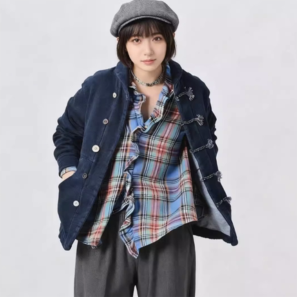 日系秋冬新品Ctrl C 45r靛蓝竹节棉8结绳5粒扣外套百搭上衣女